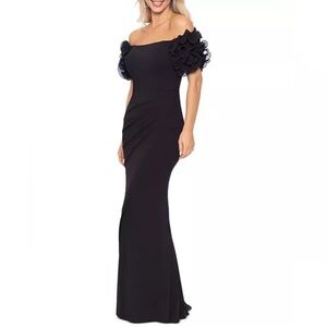 XSCAPE Formal Dress Off-The-Shoulder Ruffled-Sleeve Gown Navy Blue Size 10 P NEW